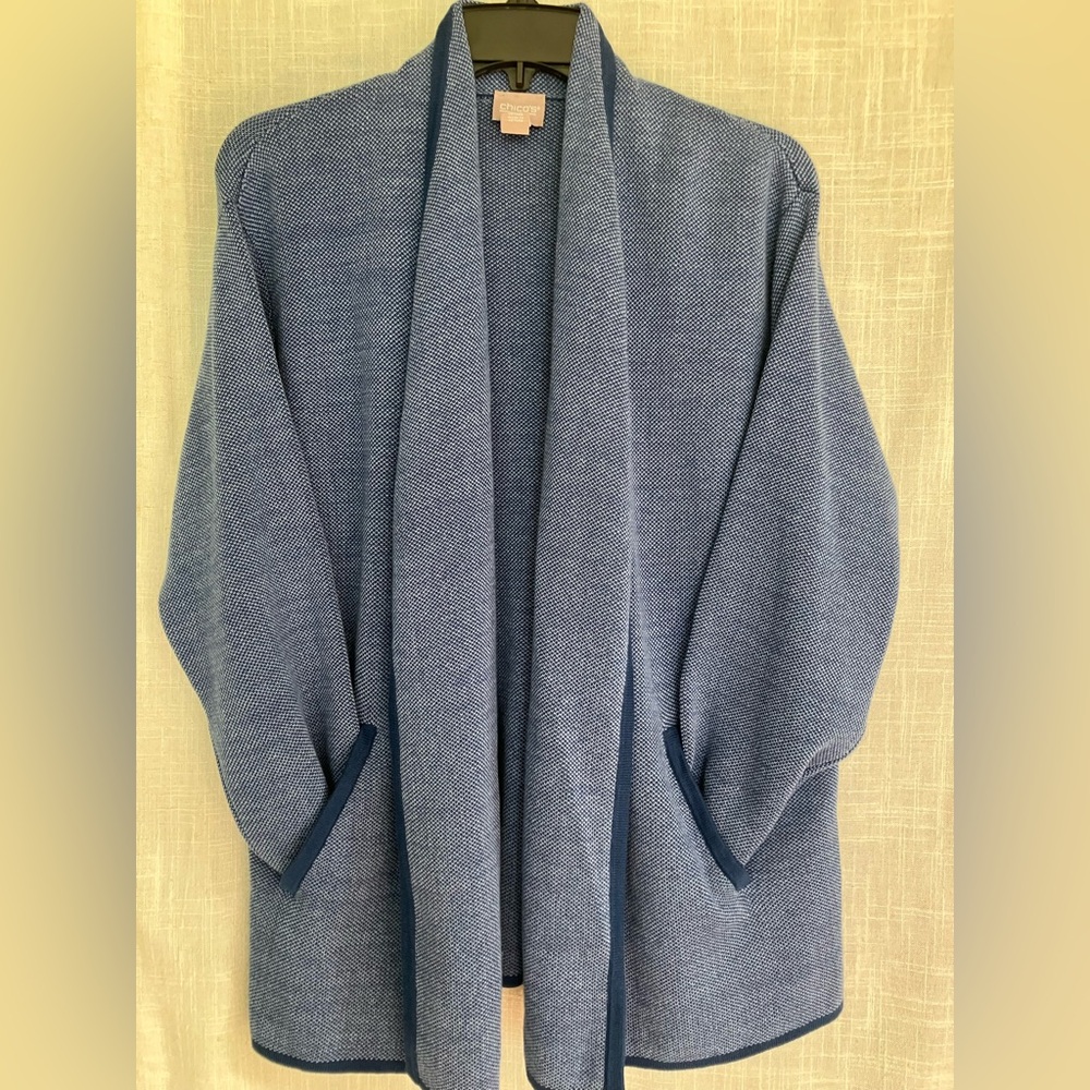 Chico's women’s Navy Open-Front warm knit wrap sweater layer.